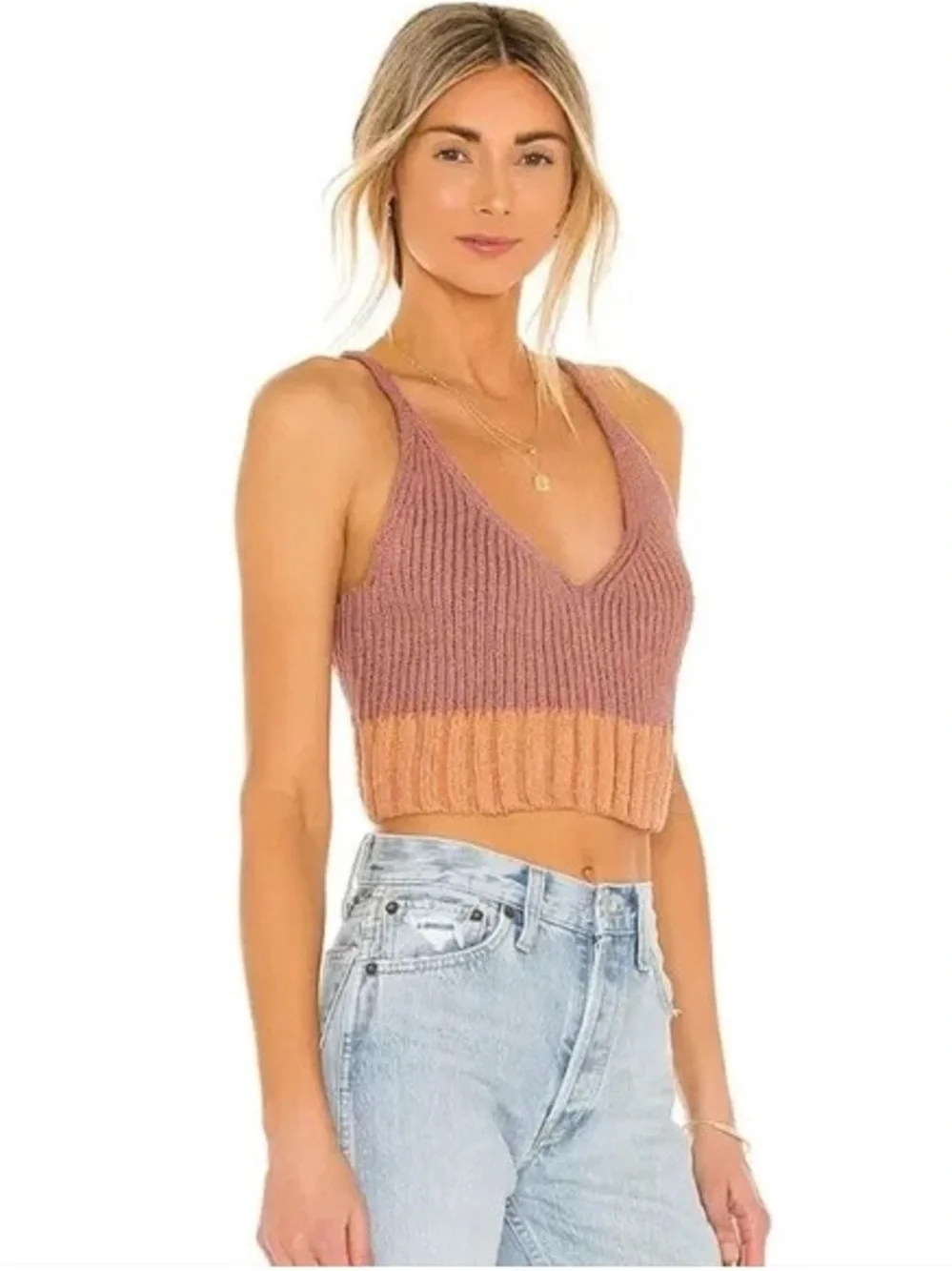 Free People Here All Day Brami - Mauve + Peach - Cropped Tank/Cami - Soft Knit